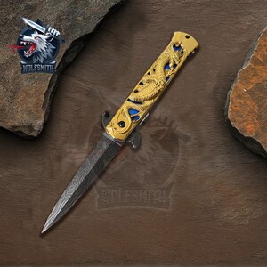 9&quot; Damascus Gold Dragon Fantasy Spring Assisted Hunting Folding Knife For Father, Husband, Boyfriend, Christmas gift W015-WolfSmithKnife