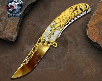 Classic Gold Fantasy Dragon 8.5" Spring Assisted Hunting Folding Knife For Father, Husband,Boyfriend,Christmas gift W021-WolfSmithKnife