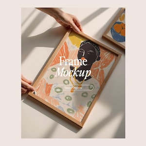 Frame Mockup With Person, DIN A Ratio, Thin Wood Frame, PSD Photoshop Photopea Mockup, Frame Mockup Home Interior
