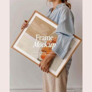 Frame Mockup With Person, DIN A Ratio, Thin Wood Frame, PSD Photoshop Photopea Mockup, Frame Mockup Home Interior