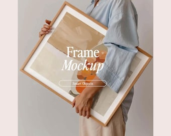 Frame Mockup With Person, DIN A Ratio, Thin Wood Frame, PSD Photoshop Photopea Mockup, Frame Mockup Home Interior