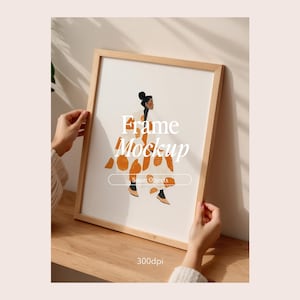 Frame Mockup With Person, DIN A Ratio, Thin Wood Frame, PSD Photoshop Photopea Mockup, Frame Mockup Home Interior