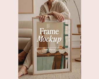 Frame Mockup With Person, DIN A Ratio, Thin Wood Frame, PSD Photoshop Photopea Mockup, Frame Mockup Home Interior