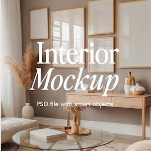 May include: A living room interior mockup with a beige wall and a wooden console table with gold accents. The table is decorated with gold vases and decorative objects. There are five gold framed pictures on the wall above the table. The room is decorated with a beige rug and a glass coffee table with a book on it.