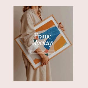 Frame Mockup With Person, DIN A Ratio, Thin Wood Frame, PSD Photoshop Photopea Mockup, Frame Mockup Home Interior