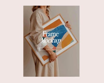 Frame Mockup With Person, DIN A Ratio, Thin Wood Frame, PSD Photoshop Photopea Mockup, Frame Mockup Home Interior