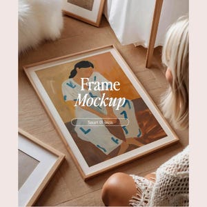 Frame Mockup With Person, DIN A Ratio, Thin Wood Frame, PSD Photoshop Photopea Mockup, Frame Mockup Home Interior
