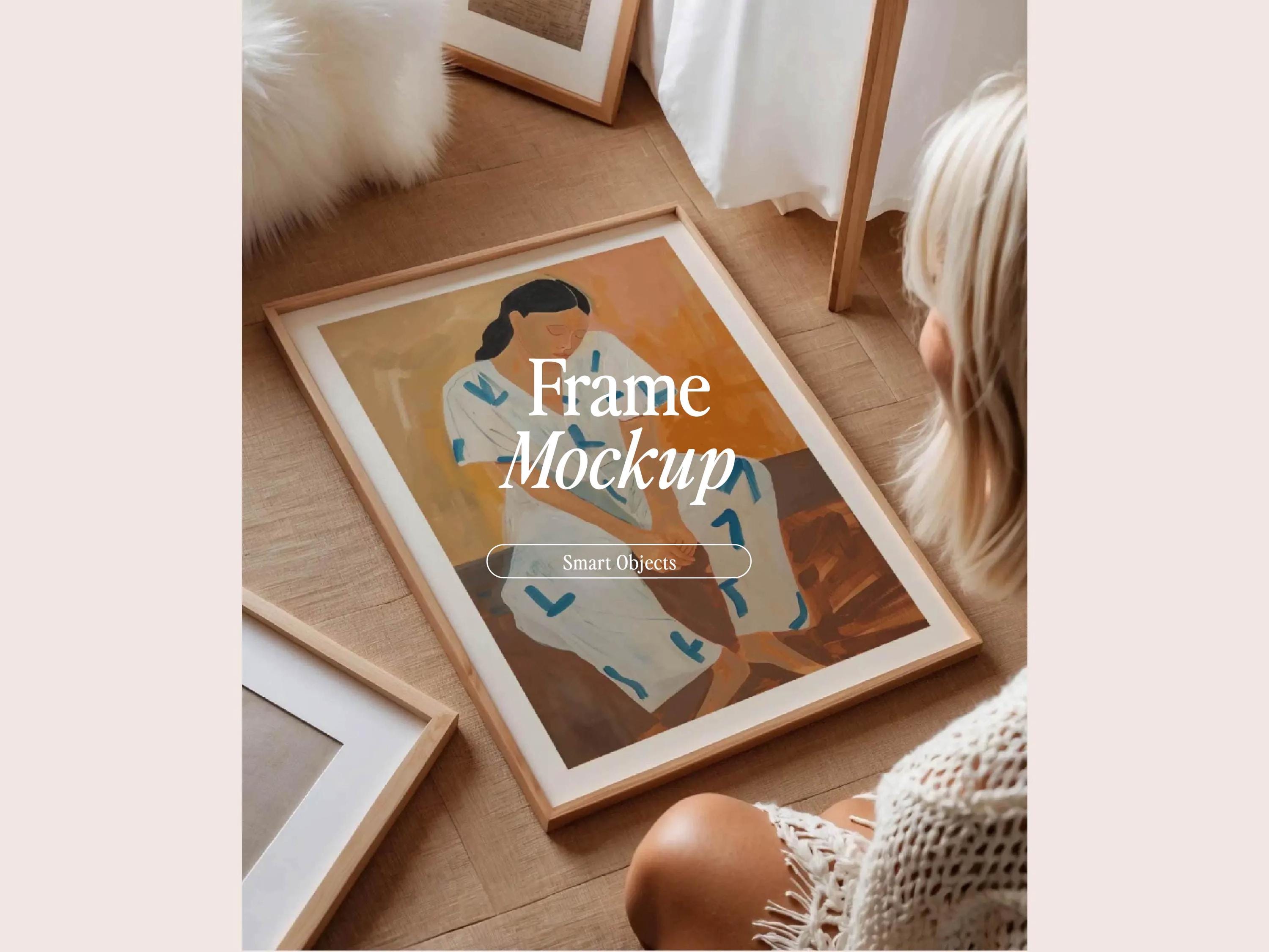 Frame Mockup With Person, DIN A Ratio, Thin Wood Frame, PSD Photoshop Photopea Mockup, Frame Mockup Home Interior