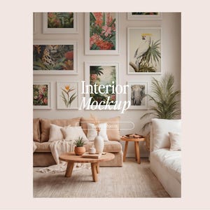May include: A living room interior design mockup featuring a beige sofa, a coffee table, and a white armchair. The walls are adorned with framed botanical prints and a print of a parrot. The text "Interior Mockup" is displayed in the centre of the image.