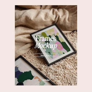 May include: Two black picture frames with abstract art prints on a beige fluffy rug. The top frame has the text "Frames Mockup" and "Smart Objects".