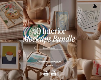 May include: A bundle of 40 interior mockups featuring contemporary designs. The mockups are in a variety of styles and colors, and they are perfect for showcasing your artwork, photography, or other creative projects. The mockups are 300dpi and come in JPG and PSD formats. Smart objects are included for easy customization.