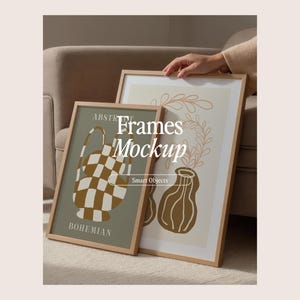 May include: Two framed art prints with wooden frames. One print features a green and brown checkered vase, the other a beige background with brown floral designs. The text "Frames Mockup" is displayed on the image.