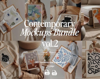 Bundle Mockups Contemporary Interior - 1 Frame, 2 Frames, 6 Frames, Gallery Wall Frames, Mockup with Person