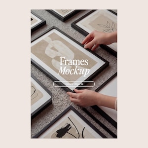 May include: A mockup of several black framed art prints with abstract designs in neutral tones. The text "Frames Mockup" is displayed in the center, with "Smart Objects" below. The frames are arranged on a textured surface.