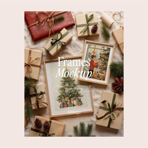 May include: A festive mockup featuring framed artwork and wrapped presents. The frames showcase Christmas illustrations. Gifts are wrapped in brown paper with green and brown ribbons. The image includes the text "Frames Mockup" and "Smart Objects".