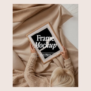 Frame Mockup With Person, DIN A Ratio, Thin Wood Frame, PSD Photoshop Photopea Mockup, Frame Mockup Home Interior