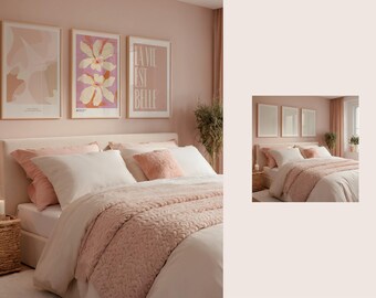 May include: A white bed with a pink and white comforter and pillows. The bed is in a room with pink walls and three framed prints on the wall above the headboard. The prints feature abstract art and the text "La vie est belle".