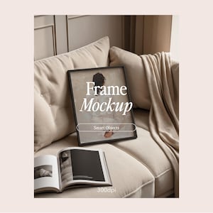 May include: A black frame mockup with the text "Frame Mockup" and "Smart Objects" on a white couch with a beige throw blanket and a book.