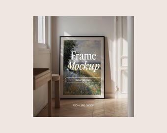 May include: A framed art print mockup featuring a landscape painting, propped against a white wall in a room with wooden flooring. The frame is black, and the artwork depicts a field of flowers and trees. Text on the frame reads "Frame Mockup".