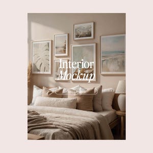 Gallery Wall Mockup, Modern Wall Art Display, Minimalist Digital Frame Mockup, Set of 6 Frames, Bedroom Mockup