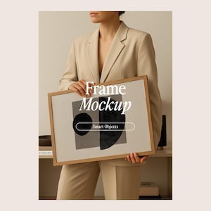 Frame Mockup With Person, DIN A Ratio, Thin Wood Frame, PSD Photoshop Photopea Mockup, Frame Mockup Home Interior