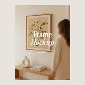 Frame Mockup With Person, DIN A Ratio, Thin Wood Frame, PSD Photoshop Photopea Mockup, Frame Mockup Home Interior,