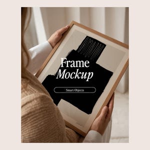Frame Mockup With Person, DIN A Ratio, Thin Wood Frame, PSD Photoshop Photopea Mockup, Frame Mockup Home Interior