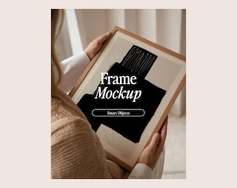 Frame Mockup With Person, DIN A Ratio, Thin Wood Frame, PSD Photoshop Photopea Mockup, Frame Mockup Home Interior