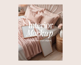 May include: A pink linen throw blanket draped over a bed with a white headboard and wooden frame. Two wooden picture frames are on the bed, one with a white background and the other with a blank white background. The text "Interior Mockup" is written in white on the bedspread.  PSD file with smart objects.