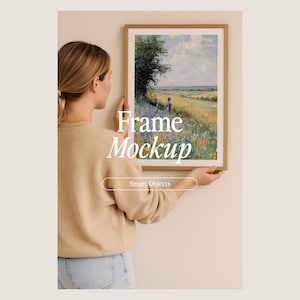 Frame Mockup With Person, DIN A Ratio, Thin Wood Frame, PSD Photoshop Photopea Mockup, Frame Mockup Home Interior