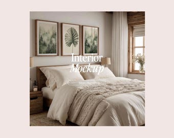 May include: A bedroom interior mockup featuring a bed with white bedding and a fluffy throw blanket. Three framed prints with nature scenes hang on the wall above the bed. The text "Interior Mockup" is superimposed on the image.