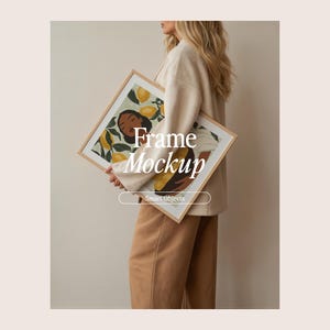 Frame Mockup With Person, DIN A Ratio, Thin Wood Frame, PSD Photoshop Photopea Mockup, Frame Mockup Home Interior