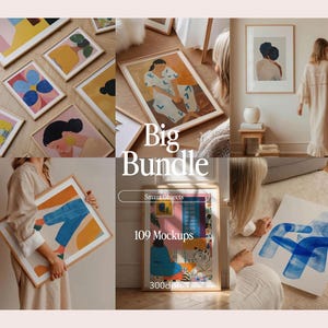 Op de afbeelding: Een verzameling van 109 mockups met verschillende ingelijste kunstwerken met abstracte en figuratieve ontwerpen. De mockups tonen verschillende lijst stijlen en weergave opties voor kunstwerken.