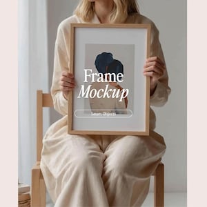 Frame Mockup With Person, DIN A Ratio, Thin Wood Frame, PSD Photoshop Photopea Mockup, Frame Mockup Home Interior