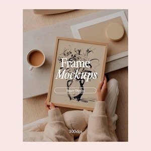 Frame Mockup With Person, DIN A Ratio, Thin Wood Frame, PSD Photoshop Photopea Mockup, Frame Mockup Home Interior