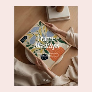 Frame Mockup With Person, DIN A Ratio, Thin Wood Frame, PSD Photoshop Photopea Mockup, Frame Mockup Home Interior