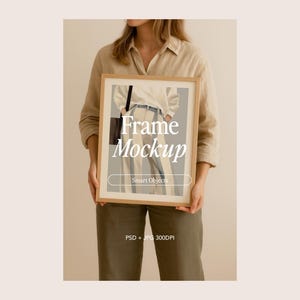 Frame Mockup With Person, DIN A Ratio, Thin Wood Frame, PSD Photoshop Photopea Mockup, Frame Mockup Home Interior