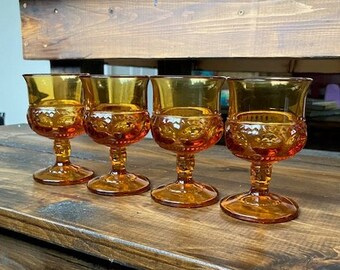 Indiana Glass - Kings Crown Thumbprint - Water Wine Glass Goblet - Honey Amber - 4.5” Tall - Set of 4 - Vintage Glass Set - Depression Glass