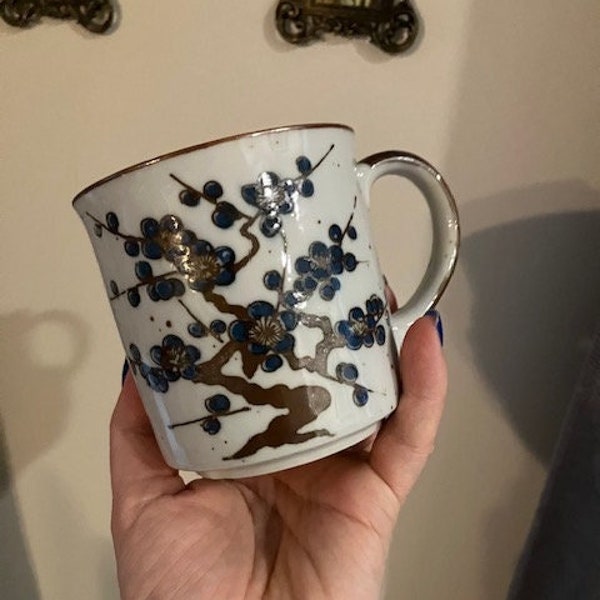 Blue Flowers Bonsai - Vintage Speckled Stoneware Coffee Mug - Pretty Blue Flower Mug - Vintage Mug - Collectible Mug - Good Mood Morning Mug