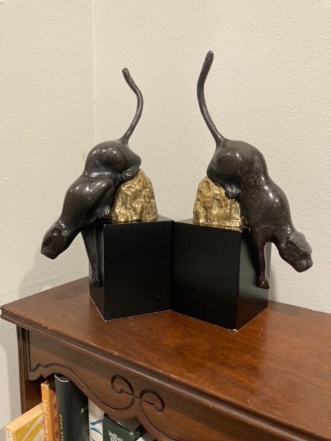 Panther Bookends Vintage 1992 Made in Korea Brass and Metal Big Cats Cat Bookends Art Deco Cat