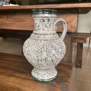 Large Handmade Ceramic Pitcher from 1975. Grey with Green Accent - Pretty! Textured and Raised Details - Handmade Pottery - Unique Pitcher!