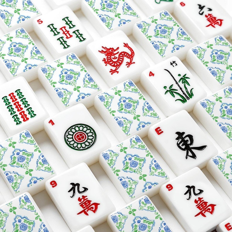 Grandmillennial Mahjong Tiles Set Hydrangea Mah-jongg Set, American Mahj Tiles Blue Green Floral Chinoiserie Mahj Gift, 166 Acrylic Tiles afbeelding 7