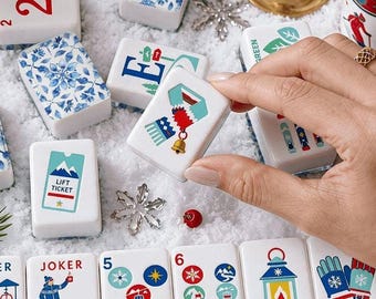Custom Christmas Mahjong Tiles - Winter Mah-Jongg set, Holidays Mahj Gift, Blue White Mahjong set with storage Box (160 Tiles, NMJL Style)