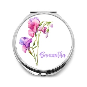 Espejo cosmético personalizado con nombre y flor de nacimiento, regalo personalizado para dama de honor, espejo con monograma, estuche cosmético portátil de acero inoxidable