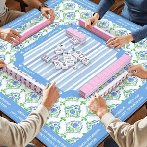 Floral Mahjong Mat 33" - Large Mah-Jongg Mats with Rules and Instructions, Blue Green Gift for Grandma, Shipped Rolled up with Canvas Bag