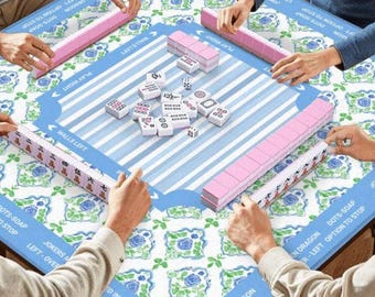 Floral Mahjong Mat 33" - Large Mah-Jongg Mats with Rules and Instructions, Blue Green Gift for Grandma, Shipped Rolled up with Canvas Bag