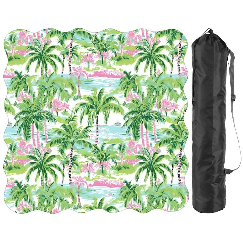 Scalloped Mahjong Mat Palm Beach Mahj Table cover Green Pink Mahj-Jong Game mats Charleston Coastal Mat Triple Layer Cushioned Mat with Bag afbeelding 2