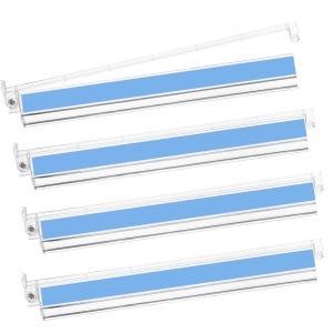 May include: Four clear plastic shelf label holders with a light blue insert. Each holder has a silver trim and a small clip on each end. The holders are arranged diagonally against a white background.