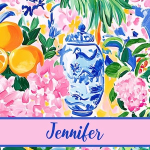 May include: A vibrant pattern featuring painted orange citrus fruits, blue and white ginger jars, and pink hydrangea flowers on a white background. A horizontal light pink banner with a dark blue border displays the name Jennifer in script.