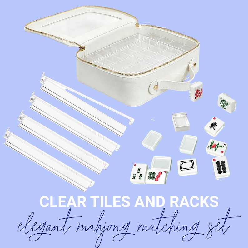 May include: White mahjong set with clear tiles and racks. The set includes a white case with a clear top, tiles, and racks. The text on the image reads "CLEAR TILES AND RACKS elegant mahjong matching set."